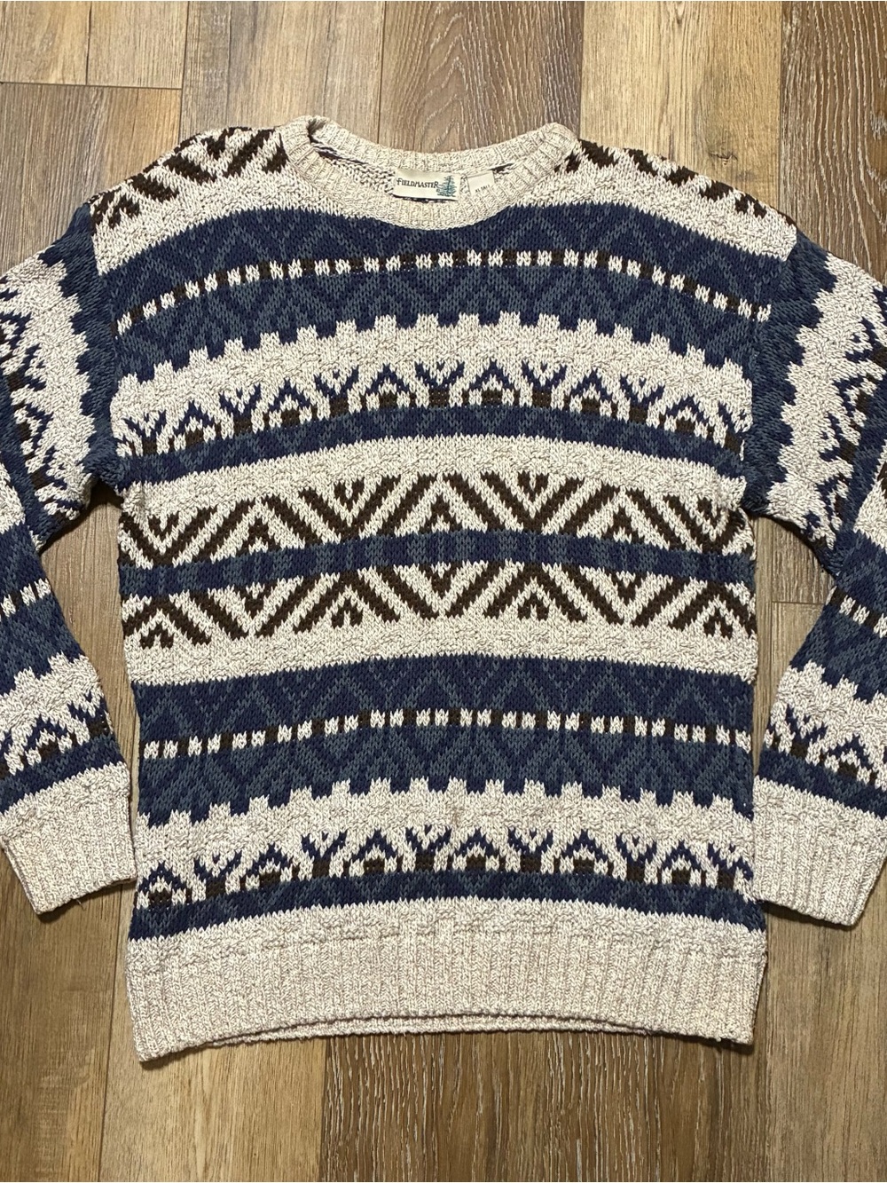 VTG Fieldmaster Fair Isle Geometric Chunky Knit Sweater Mens XL Tall USA Cabin